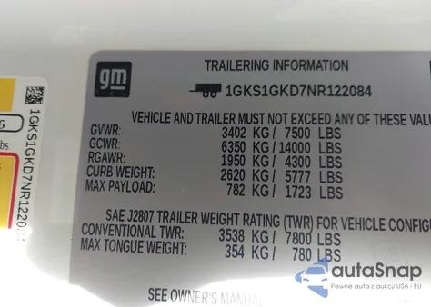 2022 GMC Yukon Xl 2Wd Slt z USA, uszkodzony, nr VIN 1GKS1GKD7NR122084